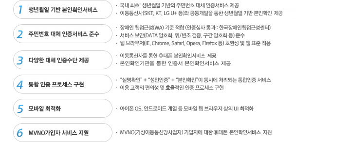1. ������� ��� ����Ȯ�μ��� - ���� ����! ������� ����� �ֹι�ȣ ��ü �������� ���� / �̵���Ż�(SKT, KT, LGU+��)�� ���������� ���� ������� ��� ����Ȯ�� ���� | 2. �ֹι�ȣ ��ü �������� �ؼ� - ����� �����ټ�(WA) ���� ����(�����ɻ� ��� : �ѱ�����������ټ�����) / ���� ����(DATA ��ȣȭ, ��/���� ����, ���� ��ȣȭ ��) �ؼ� / ��������(IE, Chrome, Safari, Opera, Firefox ��) ȣȯ�� �� �� ǥ�� ���� | 3. �پ��� ��ü �������� ���� - �̵���Ż縦 ���� �޴��� ����Ȯ�μ��� ���� / ������������� ���� (����)������������ ���� | 4. ���� ���� ���μ��� ���� - '�Ǹ�Ȯ��' + '��������' + '����Ȯ��'�� ���ÿ� ó���Ǵ� �������� ���� / �̿� ������ ���Ǽ� �� ȿ������ ���� ���μ��� ���� | 5. ����� ����ȭ - ������ OS, �ȵ���̵� �迭 �� ����� �� ������ ���� UI ����ȭ | 6. MVNO������ �������� - MVNO(�����̵���Ÿ������) �����ڿ� ���� �޴��� ����Ȯ�� ���� ����