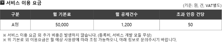 ����  �̿� ��� [���� : ��, ��/VAT����] - ���� : A��, �� �⺻�� : 50,000��, �� �����Ǽ� : 1,200��, �ʰ� ���� �Ǵ� : 50��  �ؼ��� �̿� ��� �� �߰� ����� �߻����� �ʽ��ϴ�.(��Ϻ�, ���� ���� ��� ����) ���� �⺻�� �� �̿����� �� ���� ��뷮�� ���� ���� �����Ͽ���, �Ʒ� ������ �����ֽñ� �ٶ��ϴ�.