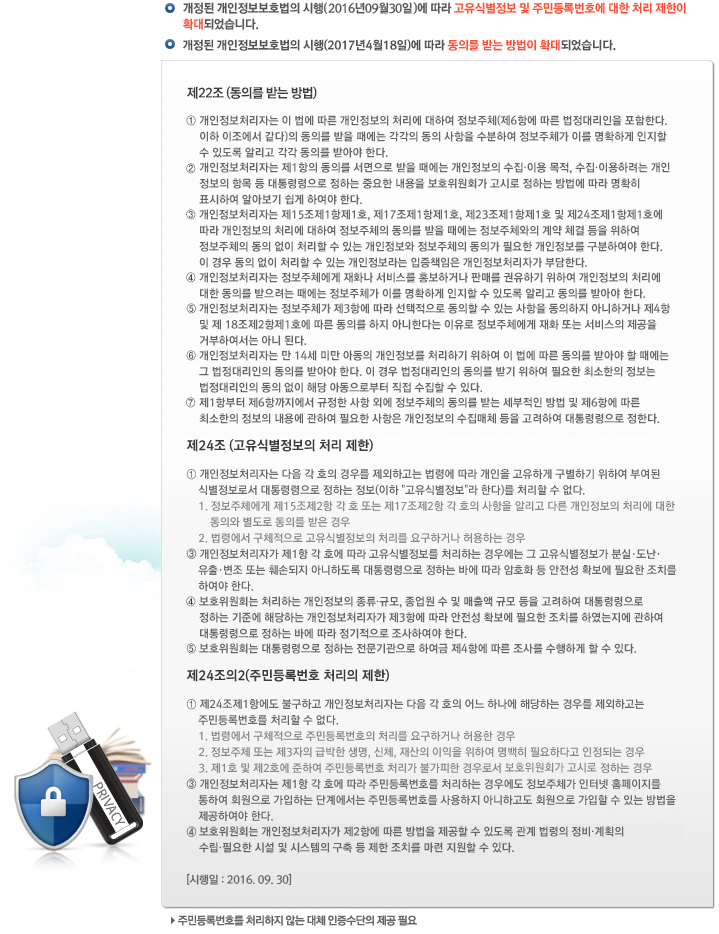 �� ������ ����������ȣ���� ����(2016�� 09�� 30��)�� ���� �����ĺ����� �� �ֹε�Ϲ�ȣ�� ���� ó�� ������ Ȯ��Ǿ����ϴ�. | �� ������ ����������ȣ���� ����(2017��4��18��)�� ���� ���Ǹ� �޴� ����� Ȯ��Ǿ����ϴ�. | �� 22�� (���Ǹ� �޴� ���) - �� ��������ó���ڴ� �� ���� ���� ���������� ó���� ���Ͽ� ������ü(��6�׿� ���� �����븮���� �����Ѵ�. ���� �� ������ ����)�� ���Ǹ� ���� ������ ������ ���� ������ �����Ͽ� ������ü�� �̸� ��Ȯ�ϰ� ������ �� �ֵ��� �˸��� ���� ���Ǹ� �޾ƾ� �Ѵ�. | �� ��������ó���ڴ� ��1���� ���Ǹ� �������� ���� ������ ���������� ����,�̿� ����, ����,�̿��Ϸ��� ���������� �׸� �� ����ɷ����� ���ϴ� �߿��� ������ ��ȣ����ȸ�� ���÷� ���ϴ� ����� ���� ��Ȯ�� ǥ���Ͽ� �˾ƺ��� ���� �Ͽ��� �Ѵ�. | �� ��������ó���ڴ� ��15����1����1ȣ, ��17����1����1ȣ, ��23����1����1ȣ �� ��24����1����1ȣ�� ���� ���������� ó���� ���Ͽ� ������ü�� ���Ǹ� ���� ������ ������ü���� ��� ü�� ���� ���Ͽ� ������ü�� ���� ���� ó���� �� �ִ� ���������� ������ü�� ���ǰ� �ʿ��� ���������� �����Ͽ��� �Ѵ�. �� ��� ���� ���� ó���� �� �ִ� ����������� ����å���� ��������ó���ڰ� �δ��Ѵ�. | �� ��������ó���ڴ� ������ü���� ��ȭ�� ���񽺸� ȫ���ϰų� �ǸŸ� �����ϱ� ���Ͽ� ���������� ó���� ���� ���Ǹ� �������� ������ ������ü�� �̸� ��Ȯ�ϰ� ������ �� �ֵ��� �˸��� ���Ǹ� �޾ƾ� �Ѵ�. | �� ��������ó���ڴ� ������ü�� ��3�׿� ���� ���������� ������ �� �ִ� ������ �������� �ƴ��ϰų� ��4�� �� �� 18����2����1ȣ�� ���� ���Ǹ� ���� �ƴ��Ѵٴ� ������ ������ü���� ��ȭ �Ǵ� ������ ������ �ź��Ͽ����� �ƴ� �ȴ�. | �� ��������ó���ڴ� �� 14�� �̸� �Ƶ��� ���������� ó���ϱ� ���Ͽ� �� ���� ���� ���Ǹ� �޾ƾ� �� ������ �� �����븮���� ���Ǹ� �޾ƾ� �Ѵ�. �� ��� �����븮���� ���Ǹ� �ޱ� ���Ͽ� �ʿ��� �ּ����� ������ �����븮���� ���� ���� �ش� �Ƶ����κ��� ���� ������ �� �ִ�. | �� ��1�׺��� ��6�ױ������� ������ ���� �ܿ� ������ü�� ���Ǹ� �޴� �������� ��� �� ��6�׿� ���� �ּ����� ������ ���뿡 ���Ͽ� �ʿ��� ������ ���������� ������ü ���� �����Ͽ� ����ɷ����� ���Ѵ�. | ��24�� (�����ĺ������� ó�� ����) - �� ��������ó���ڴ� ���� �� ȣ�� ��츦 �����ϰ��� ���ɿ� ���� ������ �����ϰ� �����ϱ� ���Ͽ� �ο��� �ĺ������μ� ����ɷ����� ���ϴ� ����(���� '�����ĺ������� �Ѵ�)�� ó���� �� ����. : 1. ������ü���� �� 15����2�� �� ȣ �Ǵ� ��17����2�� �� ȣ�� ������ �˸��� �ٸ� ���������� ó���� ���� ���ǿ� ������ ���Ǹ� ���� ��� / 2. ���ɿ��� ��ü������ �����ĺ������� ó���� �䱸�ϰų� ����ϴ� ��� | �� ��������ó���ڰ� ��1�� �� ȣ�� ���� �����ĺ������� ó���ϴ� ��쿡�� �� �����ĺ������� �н�,����,����,���� �Ǵ� �Ѽյ��� �ƴ��ϵ��� ����ɷ����� ���ϴ� �ٿ� ���� ��ȣȭ �� ������ Ȯ���� �ʿ��� ��ġ�� �Ͽ��� �Ѵ�. | �� ��ȣ����ȸ�� ó���ϴ� ���������� ����,�Ը�, ������ �� �� ����� �Ը� ���� �����Ͽ� ����ɷ����� ���ϴ� ���ؿ� �ش��ϴ� ��������ó���ڰ� ��3�׿� ���� ������ Ȯ���� �ʿ��� ��ġ�� �Ͽ������� ���Ͽ� ����ɷ����� ���ϴ� �ٿ� ���� ���������� �����Ͽ��� �Ѵ�. | �� ��ȣ����ȸ�� ����ɷ����� ���ϴ� ����������� �Ͽ��� ��4�׿� ���� ���縦 �����ϰ� �� �� �ִ�. | ��24��2 (�ֹε�Ϲ�ȣ ó���� ����) - �� ��24����1�׿��� �ұ��ϰ� ��������ó���ڴ� ���� �� ȣ�� ��� �ϳ��� �ش��ϴ� ��츦 �����ϰ��� �ֹε�Ϲ�ȣ�� ó���� �� ����. : 1. ���ɿ��� ��ü������ �ֹε�Ϲ�ȣ�� ó���� �䱸�ϰų� ����� ��� / 2. ������ü �Ǵ� ��3���� �޹��� ����,��ü,����� ������ ���Ͽ� ������ �ʿ��ϴٰ� �����Ǵ� ��� / 3. ��1ȣ �� ��2ȣ�� ���Ͽ� �ֹε�Ϲ�ȣ ó���� �Ұ����� ���μ� ��ȣ����ȸ�� ���÷� ���ϴ� ��� | �� ��������ó���ڴ� ��1�� �� ȣ�� ���� �ֹε�Ϲ�ȣ�� ó���ϴ� ��쿡�� ������ü�� ���ͳ� Ȩ�������� ���Ͽ� ȸ������ �����ϴ� �ܰ迡���� �ֹε�Ϲ�ȣ�� ������� �ƴ��ϰ��� ȸ������ ������ �� �ִ� ����� �����Ͽ��� �Ѵ�. | �� ��ȣ����ȸ�� ��������ó���ڰ� ��2�׿� ���� ����� ������ �� �ֵ��� ���� ������ ����,��ȹ�� ����,�ʿ��� �ü� �� �ý����� ���� �� ���� ��ġ�� ���� ������ �� �ִ�. [������ : 2016.09.30] | �� �ֹε�Ϲ�ȣ�� ó������ �ʴ� ��ü ���������� ���� �ʿ�