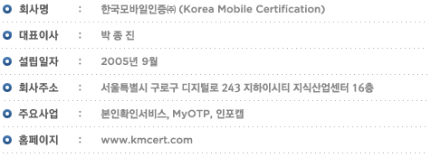 ȸ��� - �ѱ����������(��) Korea Mobile Certification | ��ǥ�̻� - ������ | �������� - 2005�� 9�� | ȸ���ּ� - ����Ư���� ���α� �����з� 243 �����̽�Ƽ ���Ļ������ 16�� | �ֿ��� - ����Ȯ�μ���, MyOTP, ����ĸ | Ȩ������ - www.kmcert.com