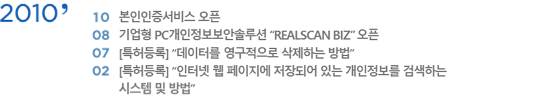 2010�� 10�� ������������ ���� | 
											8�� ����� PC�����������ȼַ�� 'REALSCAN BIZ' ���� | 
											7�� [Ư����] '�����͸� ���������� �����ϴ� ���' | 
											2�� [Ư����] '���ͳ� �� �������� ����Ǿ� �ִ� ���������� �˻��ϴ� �ý��� �� ���'