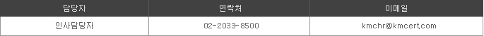 ����� : �λ����� | ����ó : 02-2033-8500 | �̸��� : kmchr@kmcert.com